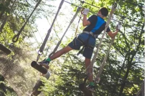 Un enfant équipé d'un baudrier progresse sur un parcours d'accrobranche suspendu dans les arbres en Meurthe-et-Moselle. Une activité d'aventure et de loisirs en plein air à vivre en famille pendant l'été.