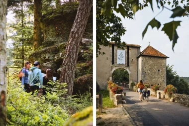 Un diptyque photographique d'été en Meurthe-et-Moselle. À gauche, une famille de quatre personnes explore une forêt de pins et de rochers moussus. À droite, une femme marche avec son vélo sur un pont en pierre orné de fleurs, s'apprêtant à passer sous une ancienne porte de ville fortifiée.